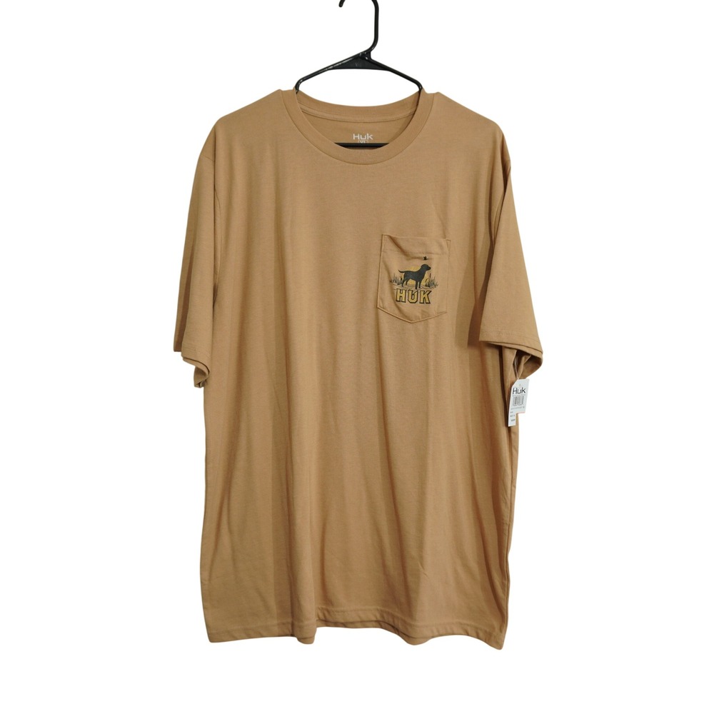 Huk Men's  XL Short Sleeve Shirt Pocket Tee Tan Black Labrador Hunting Shirt